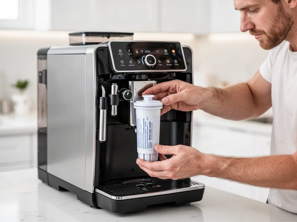 Dłonie instalujące nowy filtr wody wewnątrz nowoczesnego ekspresu do kawy Philips LatteGo.